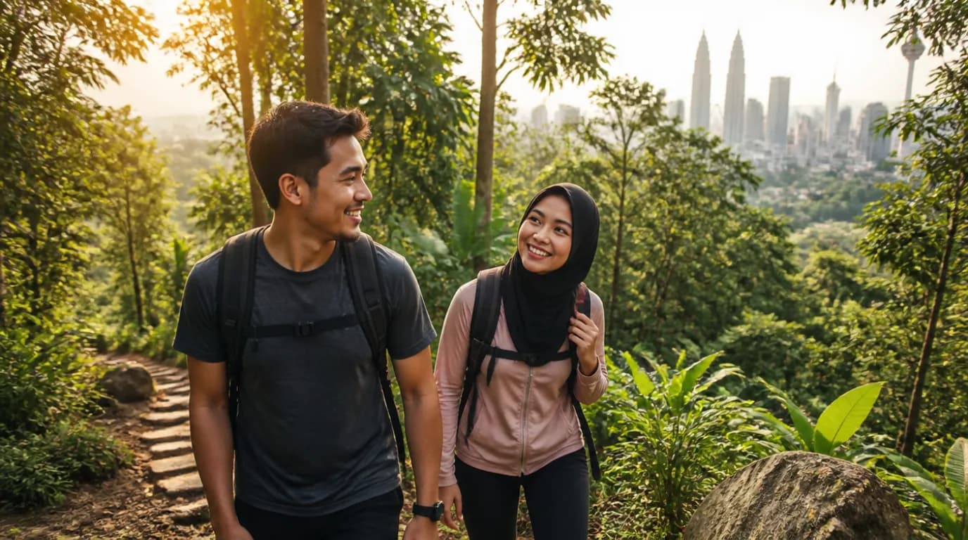 Pasangan Malaysia menikmati aktiviti hiking hujung minggu di KL — suasana alam tropika yang hijau dan segar