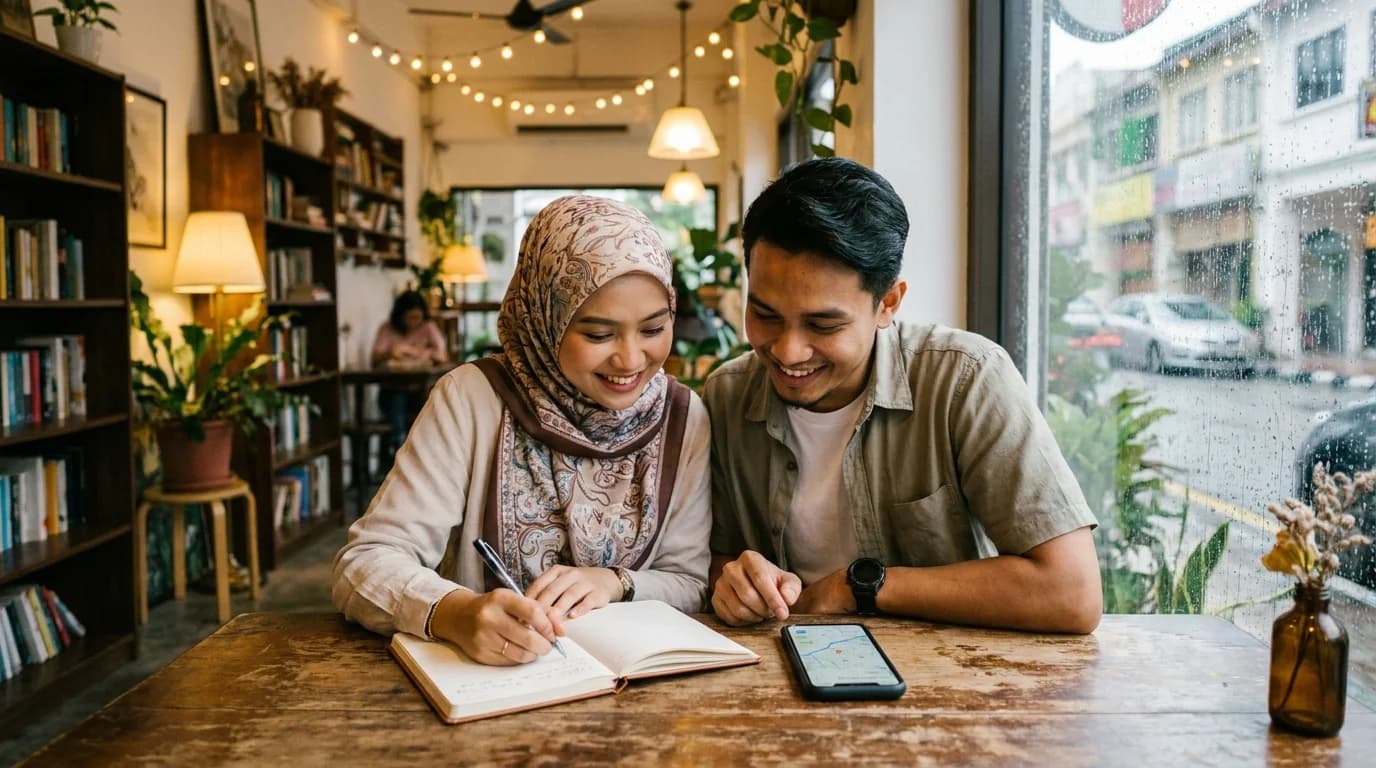 Pasangan Malaysia merancang dating plan bersama di kafe — aktiviti date dan idea romantik
