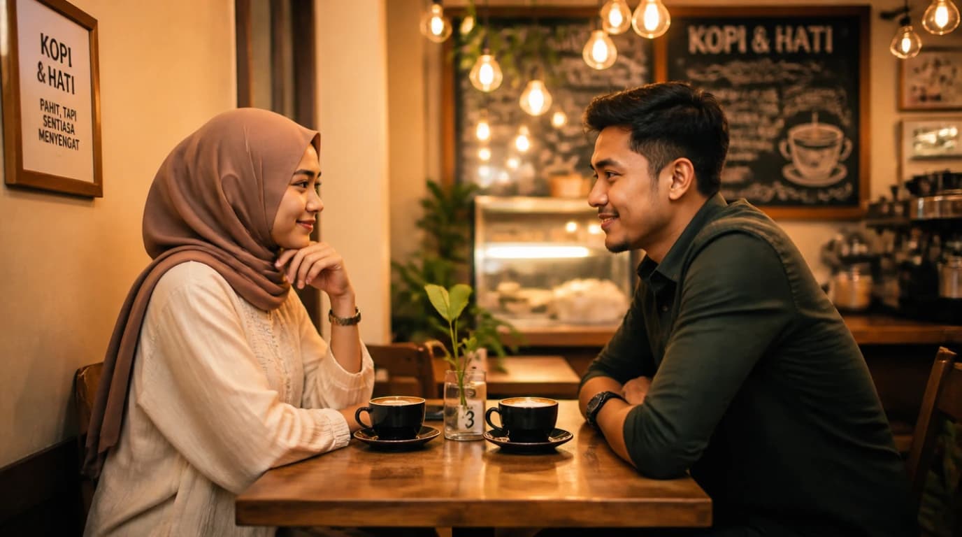 Pasangan Malaysia pada first date di kafe — suasana mesra dan selesa untuk date pertama