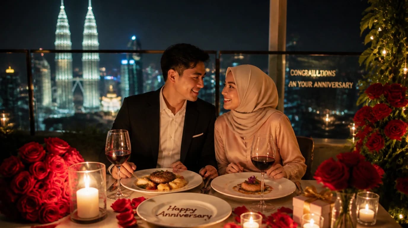 Pasangan Malaysia meraikan anniversary di rooftop restaurant KL — meja candlelit dengan bunga dan pemandangan bandar