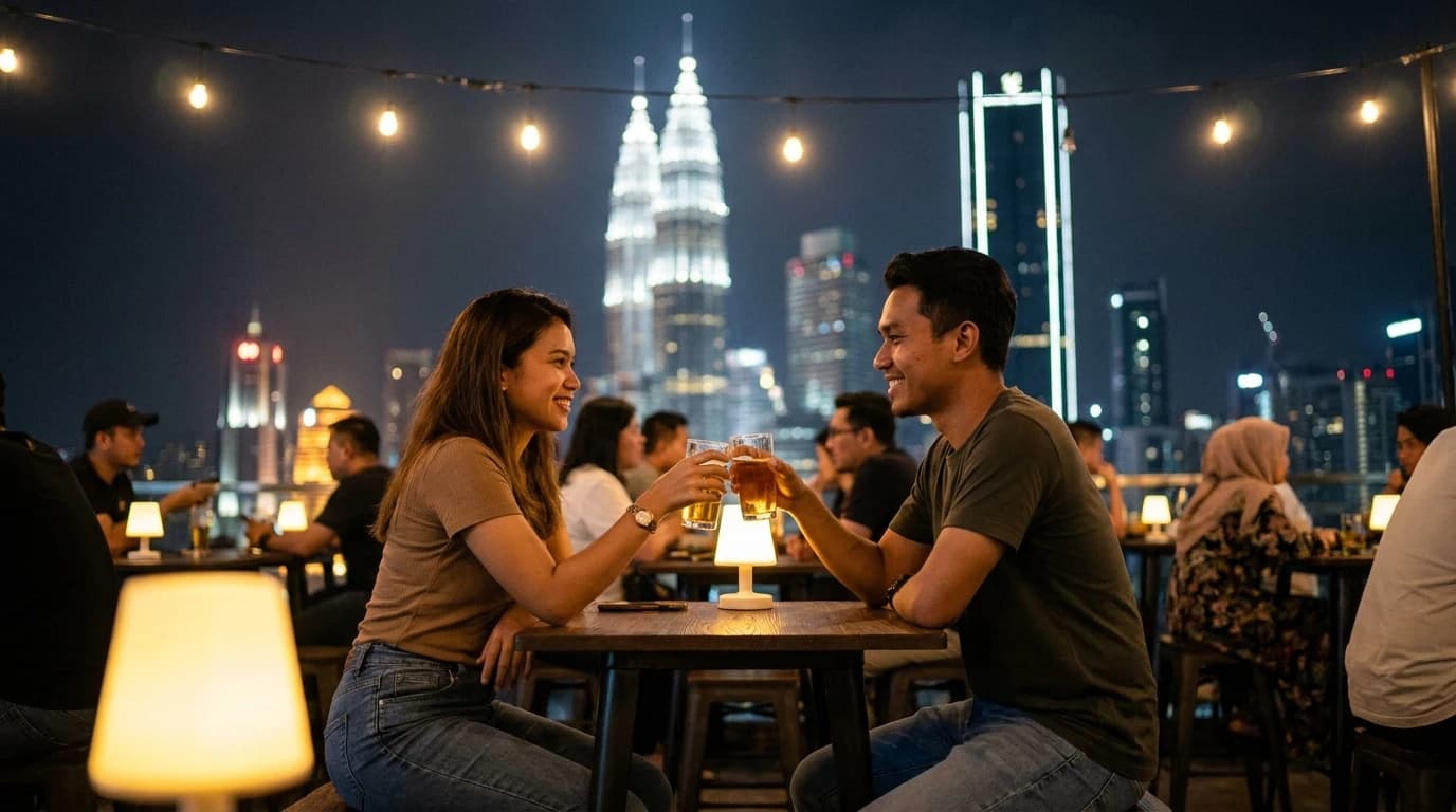 Pasangan Malaysia menikmati date malam di kafe rooftop KL dengan view Twin Towers