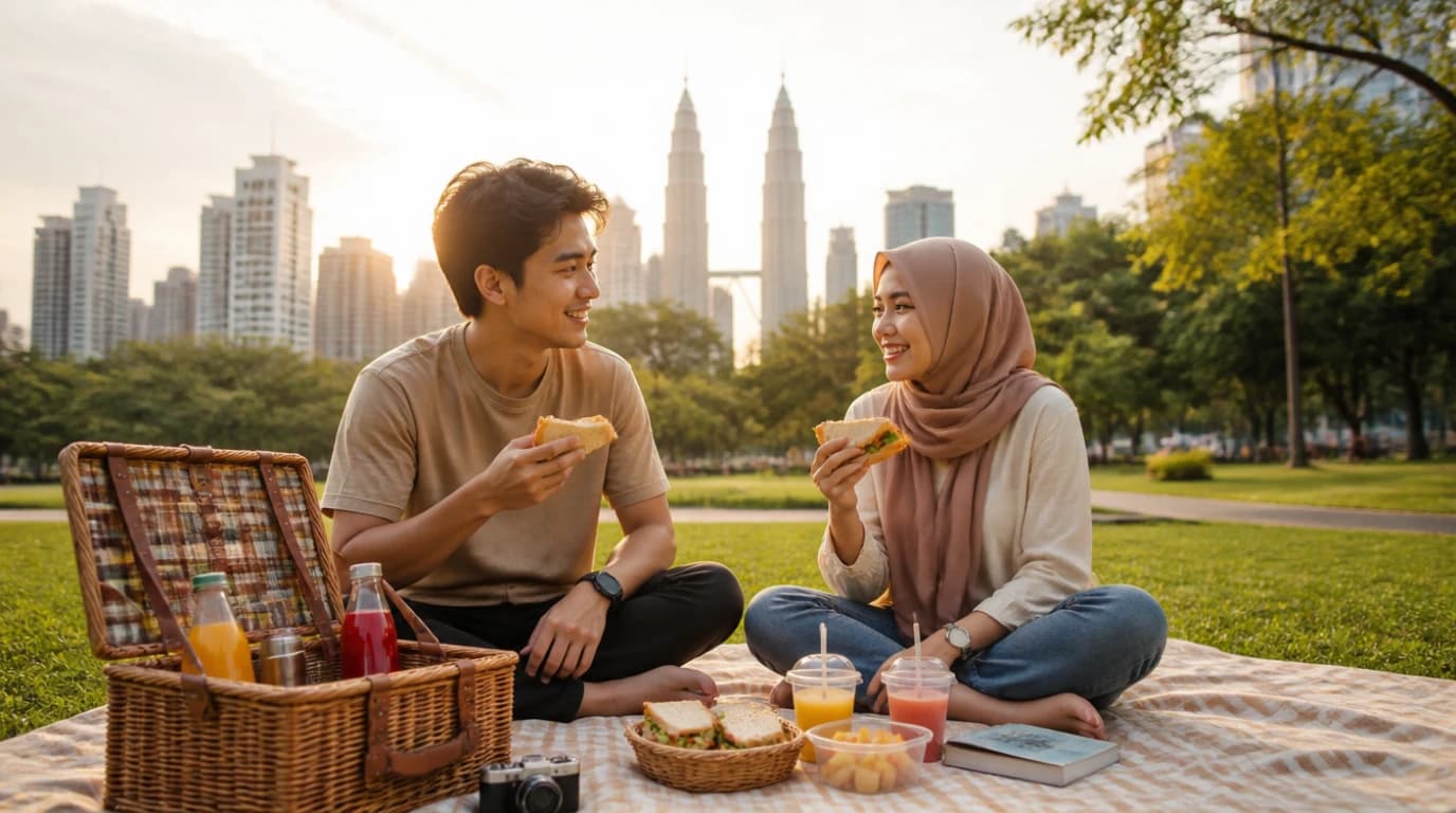 Pasangan Malaysia menikmati picnic romantik di taman awam — idea date murah bawah RM50
