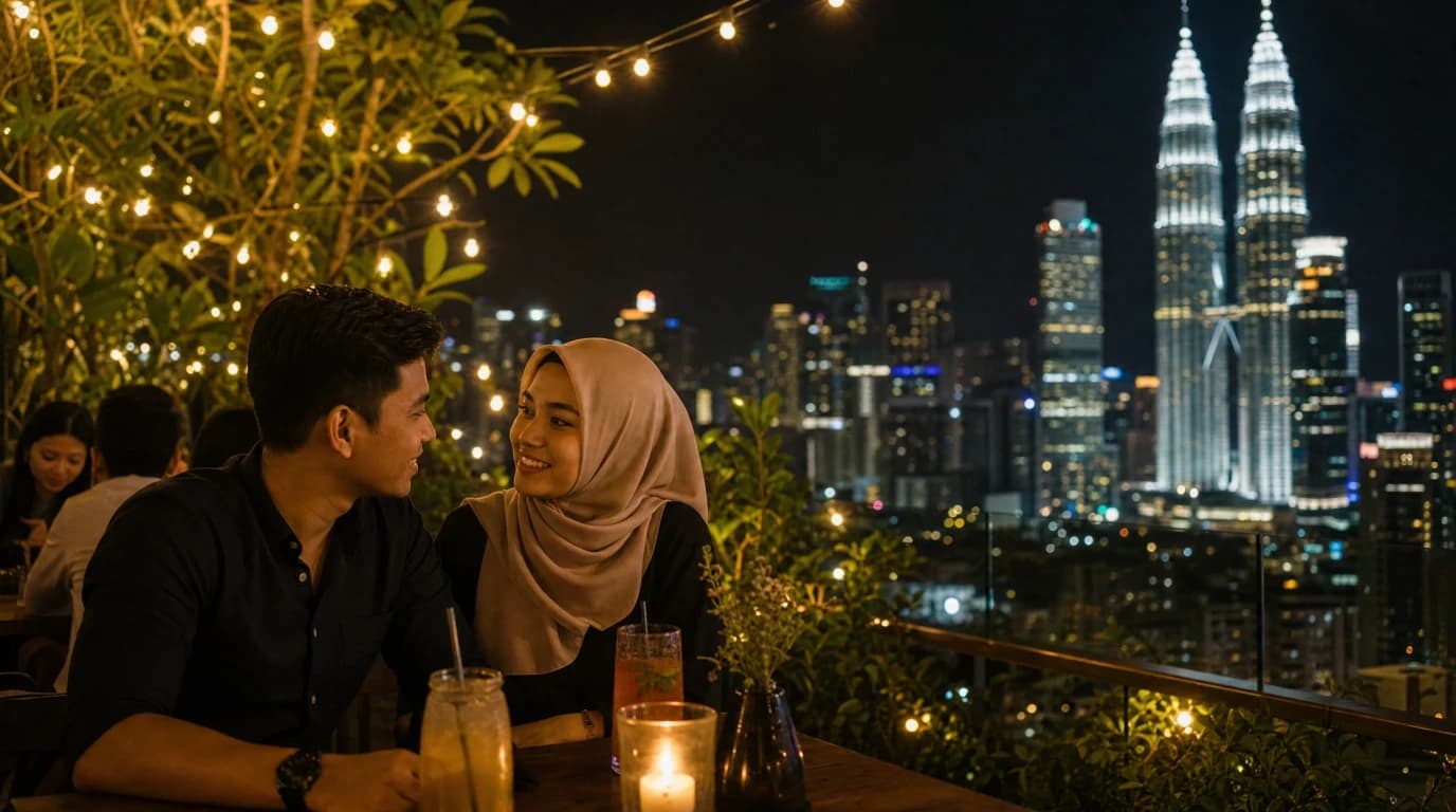 Pasangan Malaysia date malam hari di rooftop kafe dengan pemandangan lampu bandar KL yang romantik