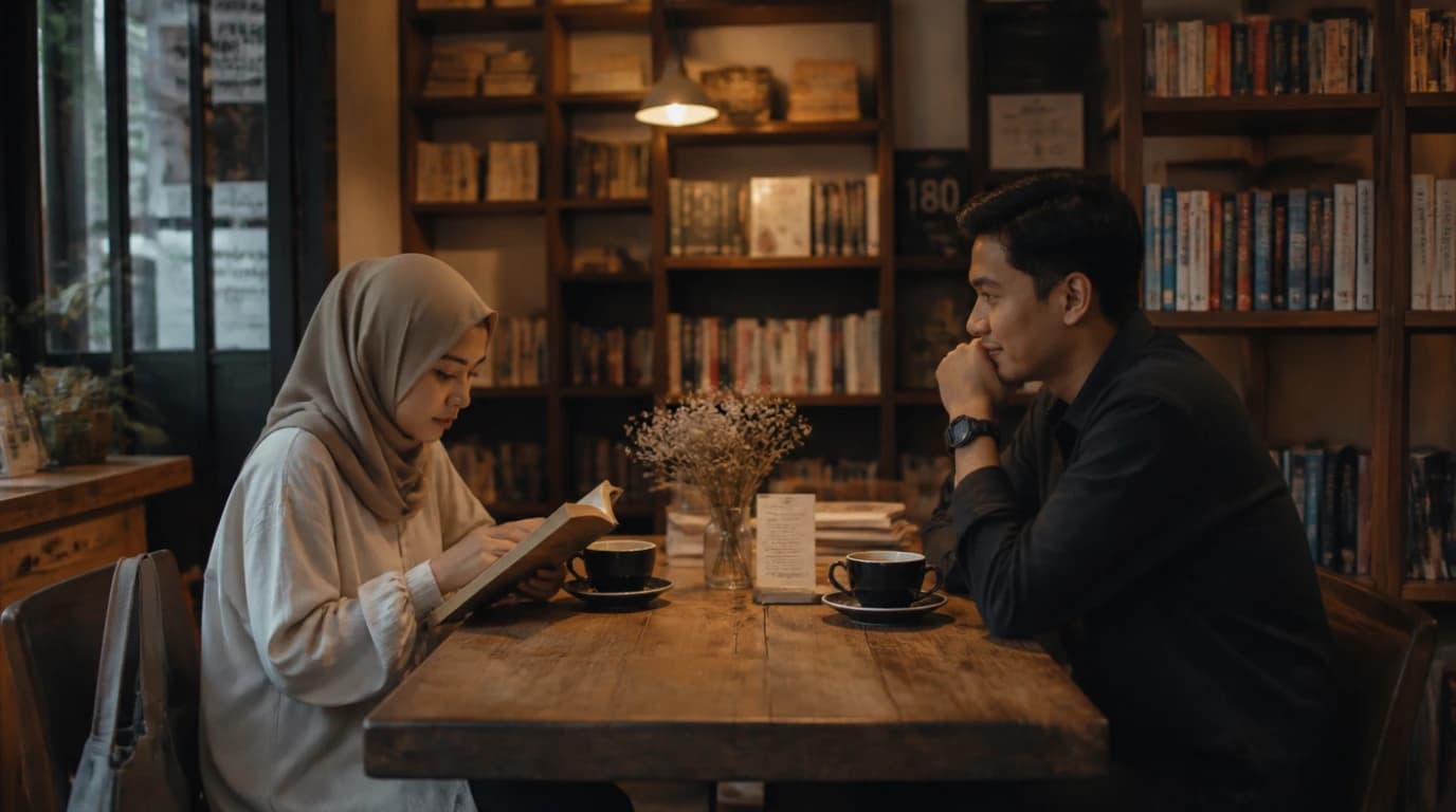 Pasangan introvert Malaysia menikmati date tenang di kafe buku yang cozy — suasana senyap dan intimate