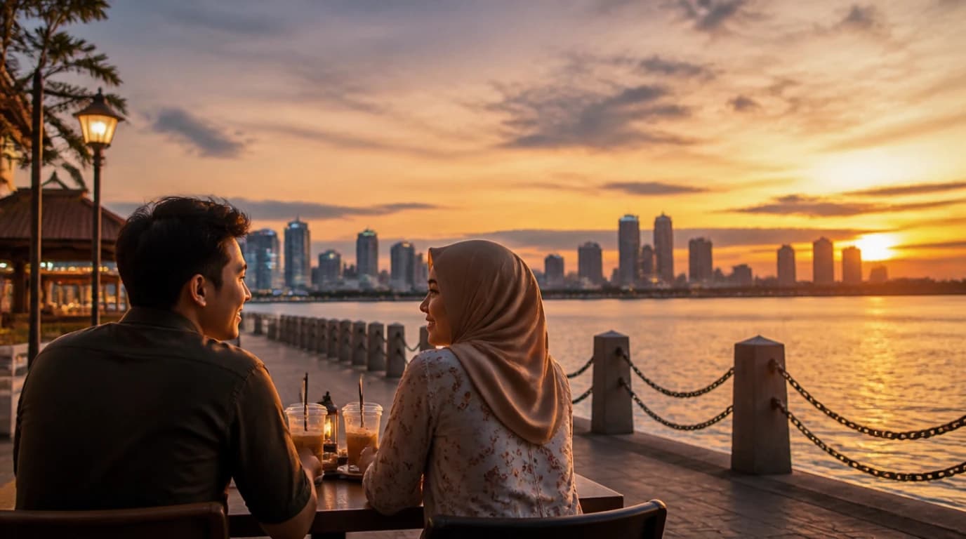 Pasangan Malaysia menikmati sunset date di waterfront Johor Bahru dengan pemandangan Selat Johor