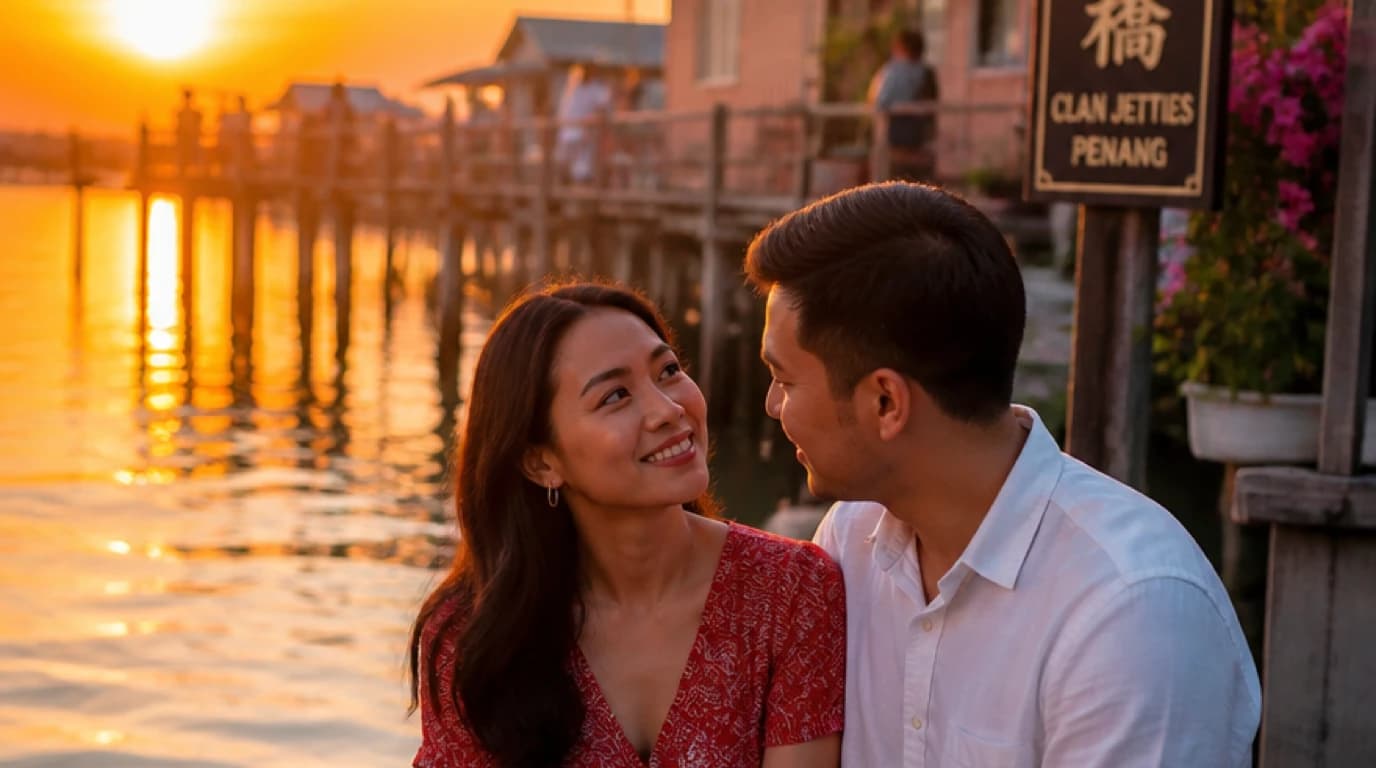 Pasangan Malaysia menikmati date romantik di waterfront Georgetown Penang — Clan Jetties dengan sunset indah
