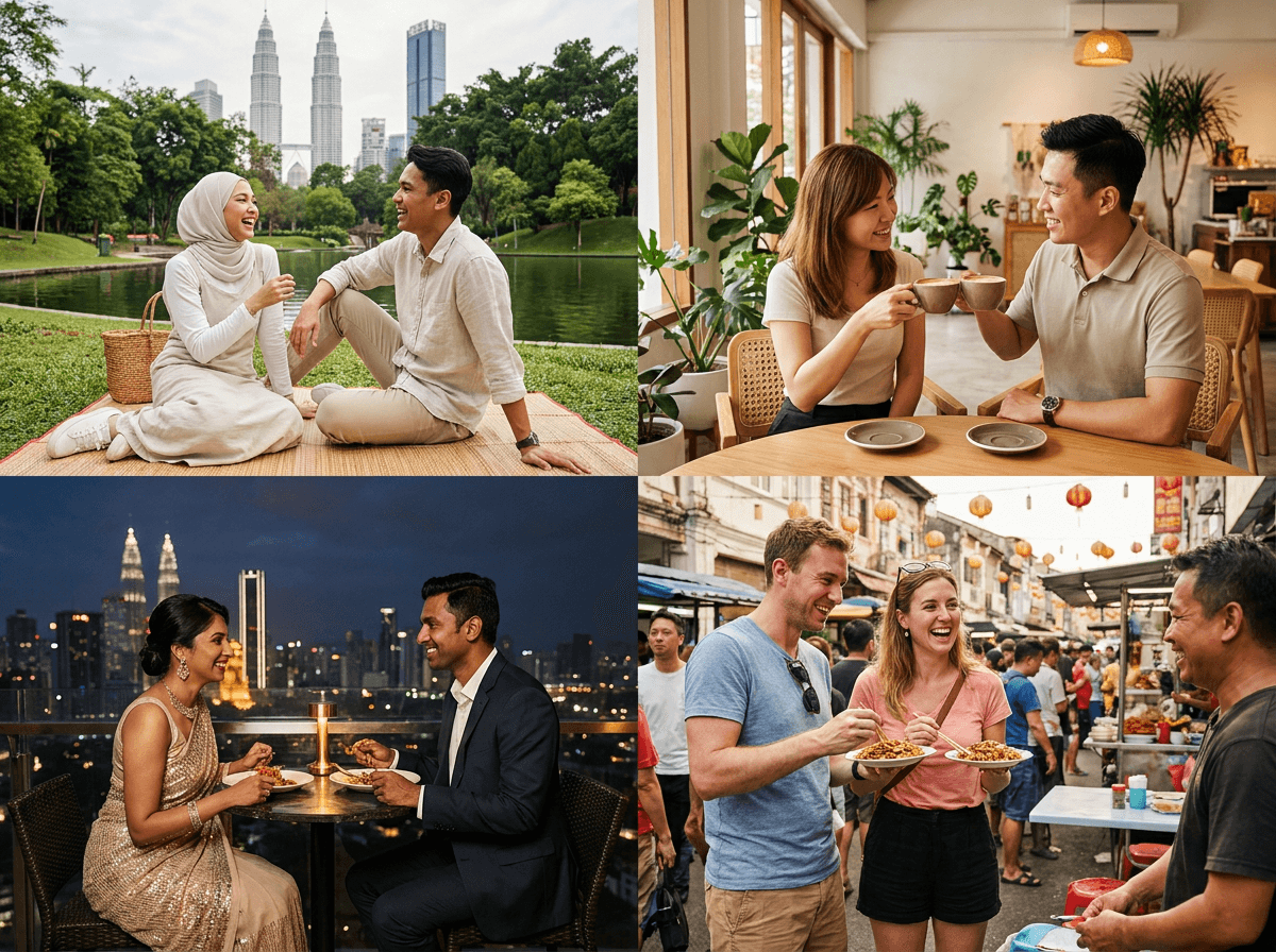Pasangan Malaysia dari pelbagai bangsa — Melayu, Cina, India dan pelancong — menikmati date di Malaysia