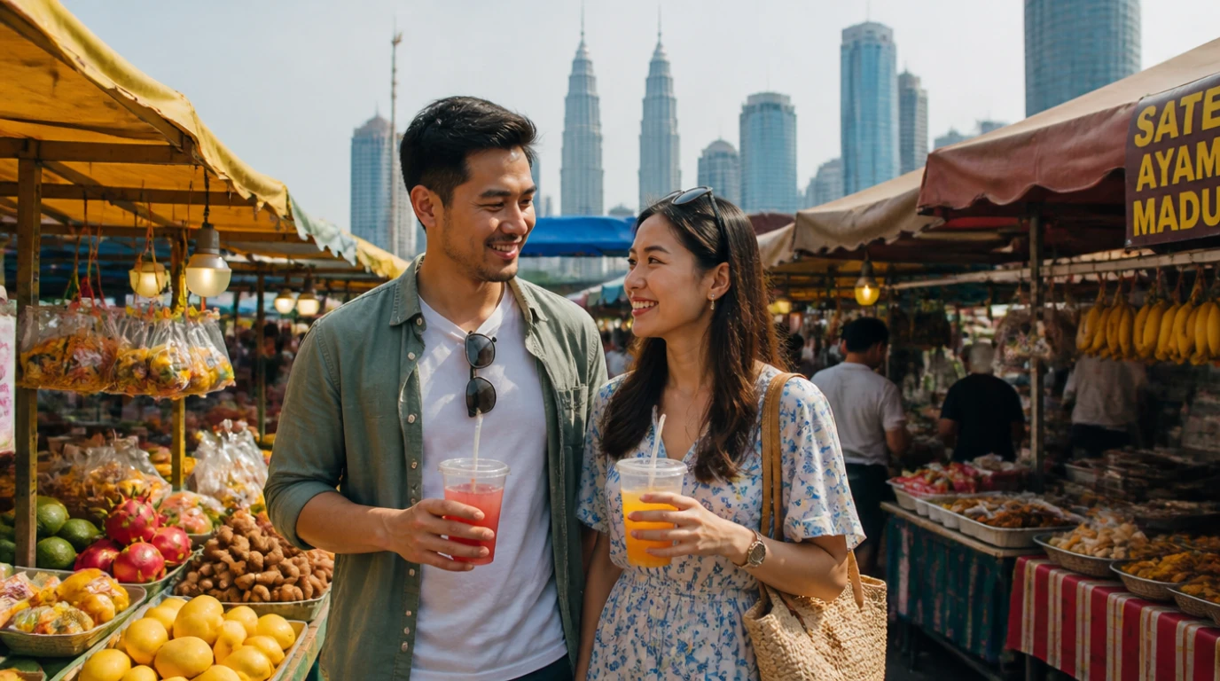 Pasangan Malaysia meneroka pasar pagi hujung minggu di KL — aktiviti weekend yang fun dan affordable