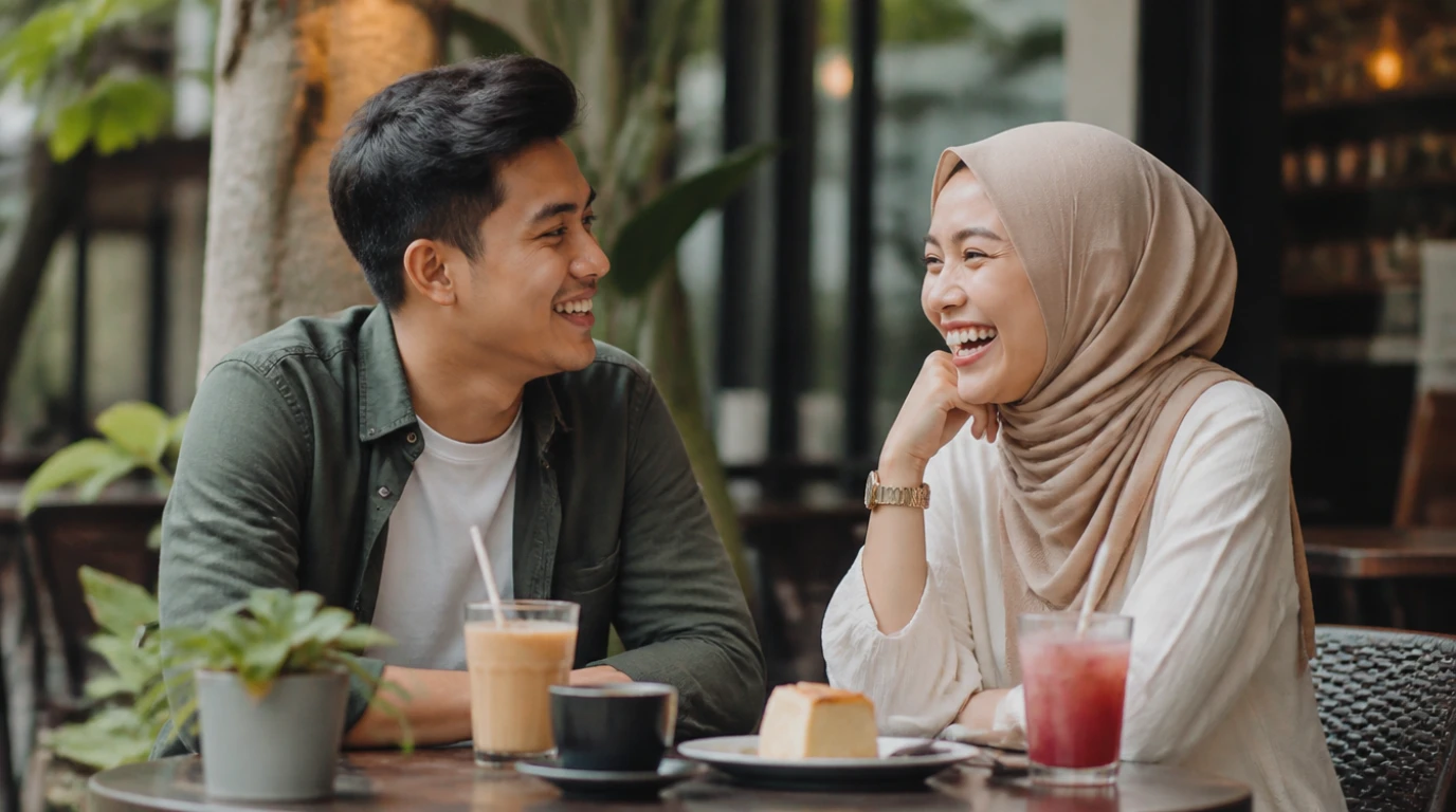 Pasangan Malaysia ketawa dan berbual dengan selesa semasa first date — suasana yang natural dan fun