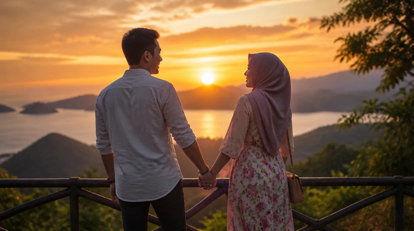 Pasangan Malaysia menikmati momen romantik semasa anniversary — sunset bersama di viewpoint cantik
