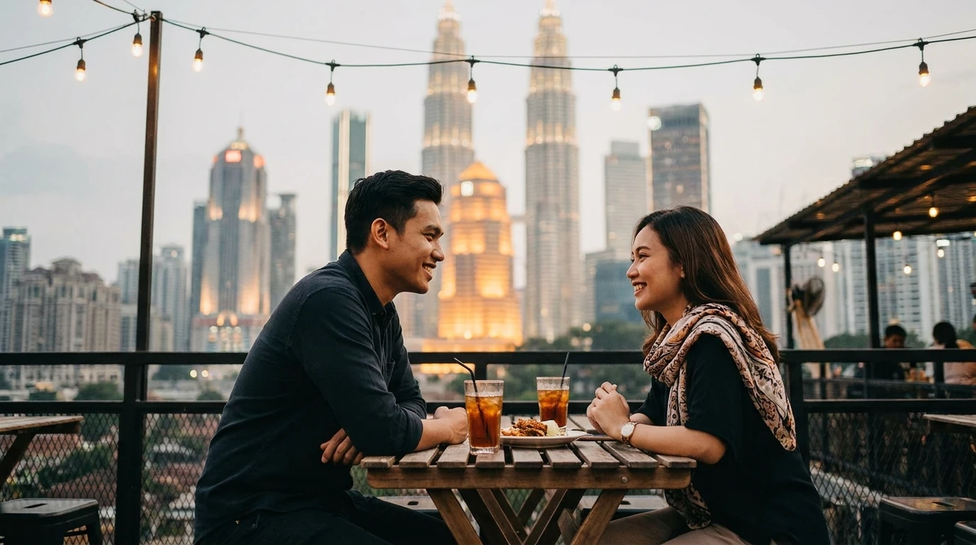 Pasangan Malaysia menikmati suasana romantik di malam hari — idea date spontan di KL