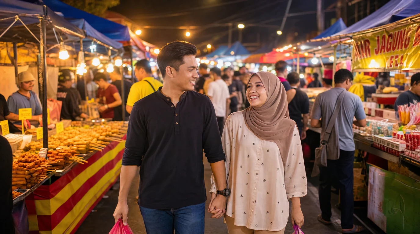 Pasangan Malaysia berjalan di pasar malam — idea date malam yang fun dan romantik