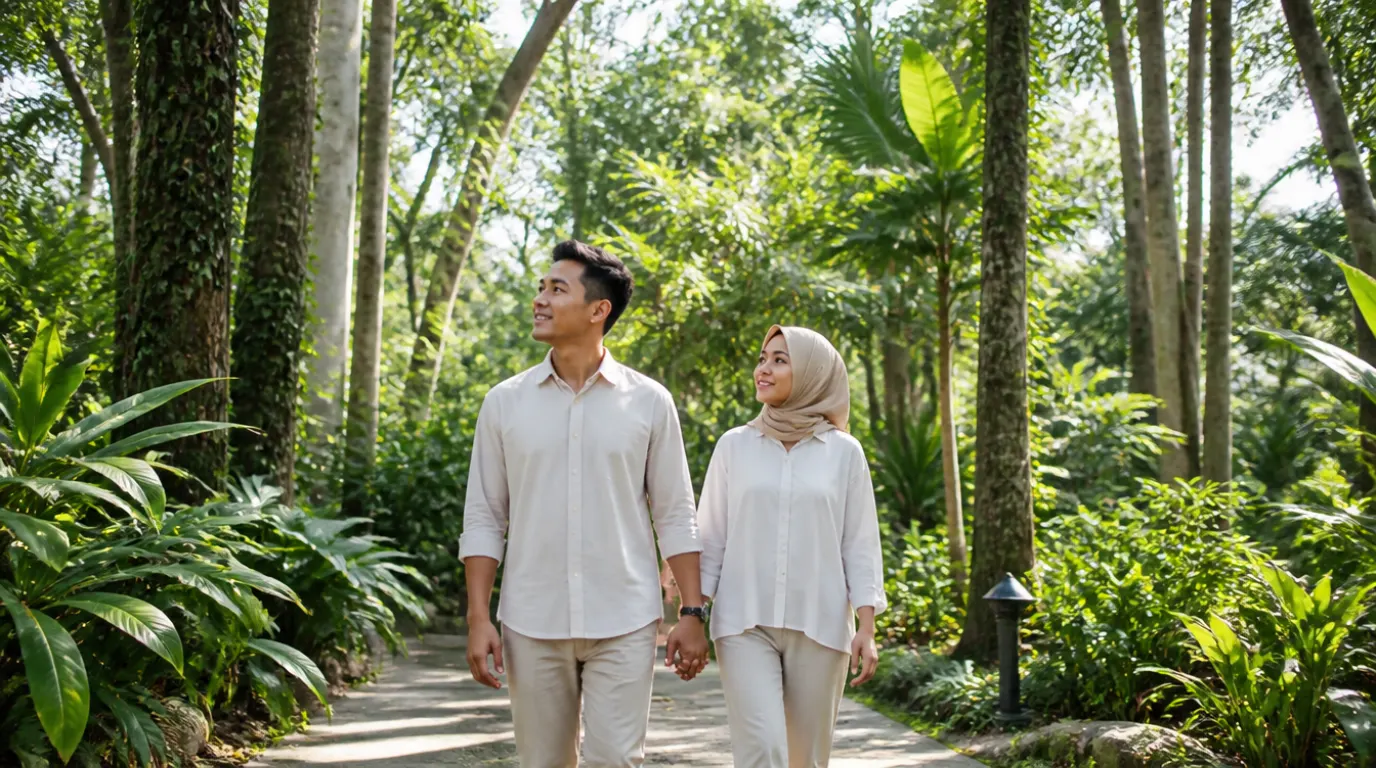 Pasangan Malaysia berjalan tenang di taman botanikal yang hijau — tempat date sesuai untuk introvert