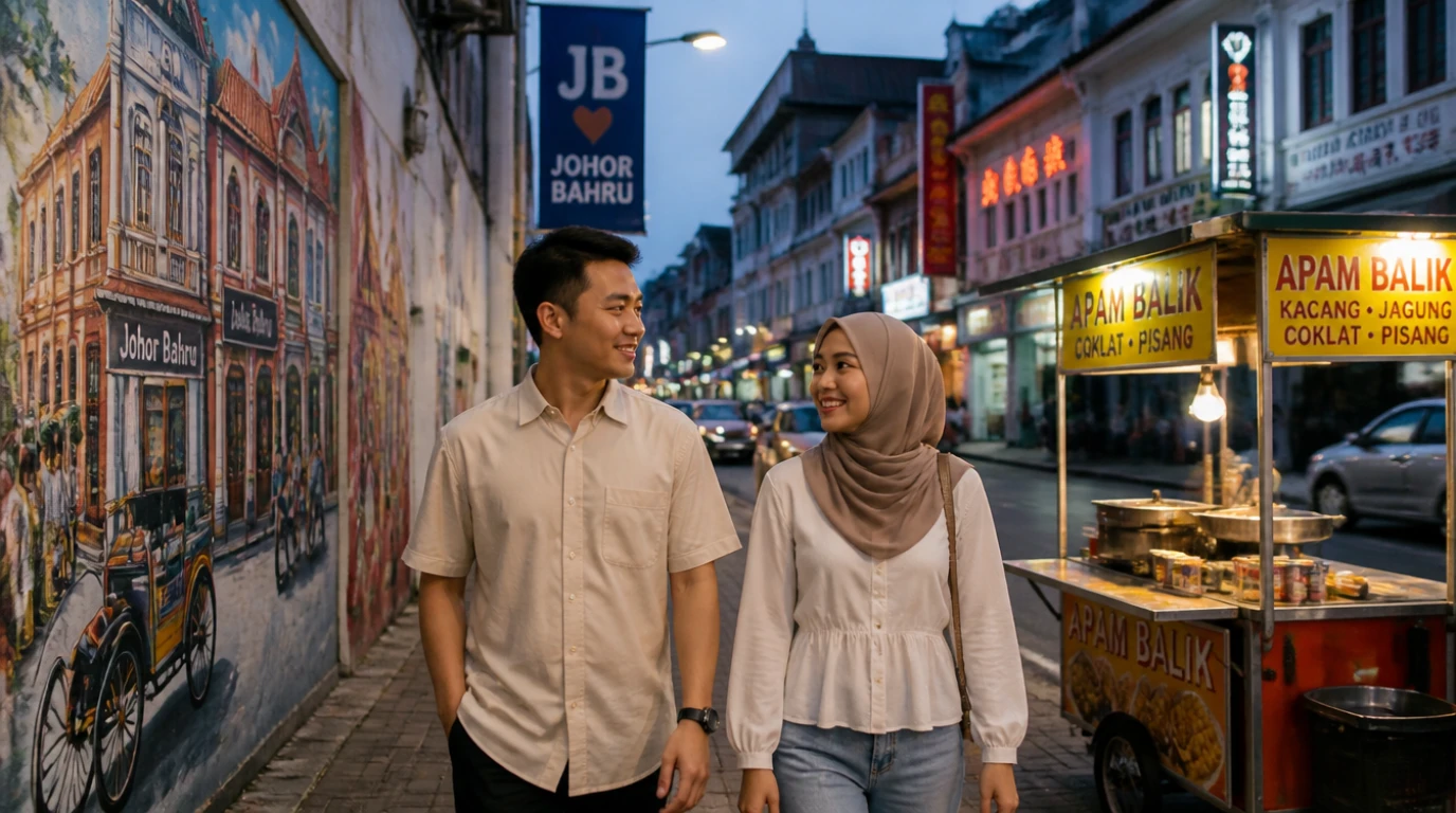 Pasangan Malaysia meneroka kawasan heritage dan street food di Johor Bahru — tempat date best JB