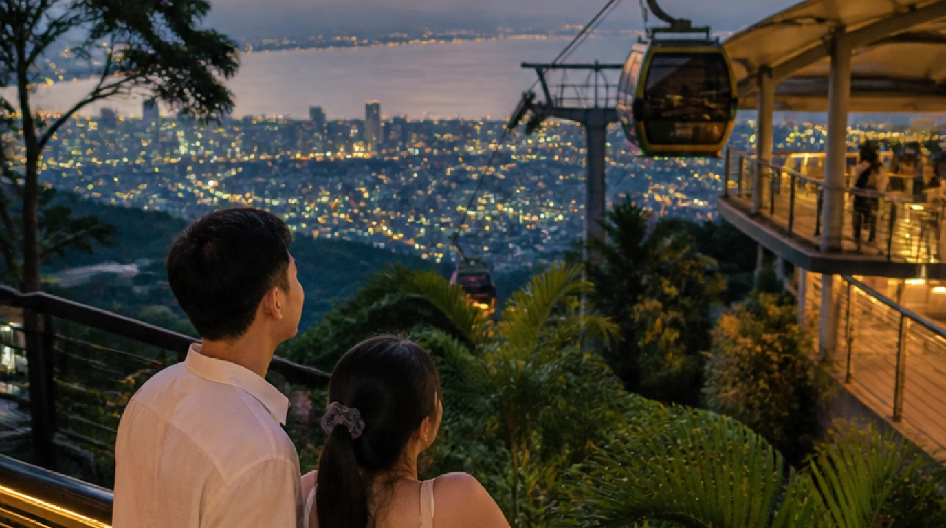 Pasangan Malaysia menikmati date di Penang Hill dengan pemandangan Georgetown dan Selat Melaka